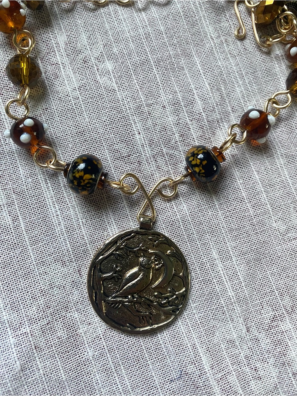 Gold Owl Pendant Necklace with Amber and Black Beads